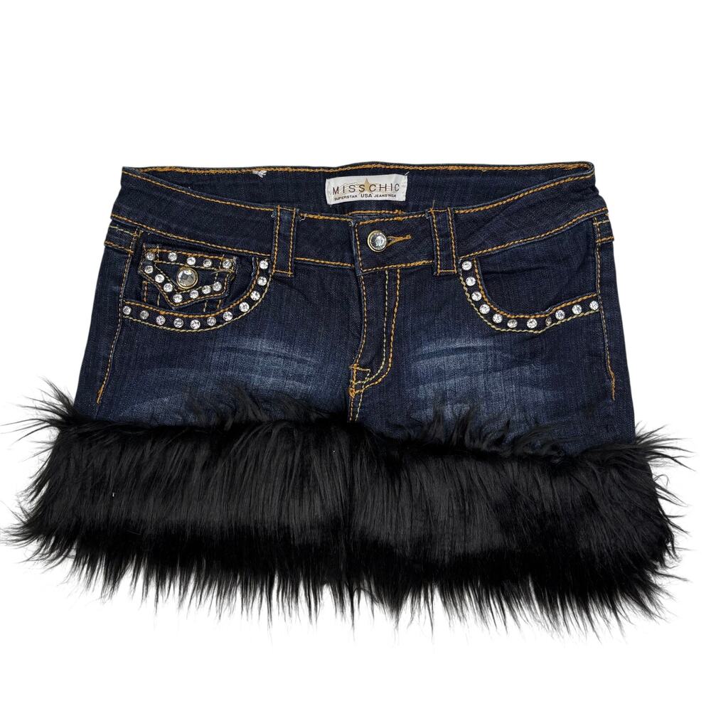Miss Chic Y2K Dark Wash Denim Mini Skirt Size 7 Rhinestone Black Faux Fur